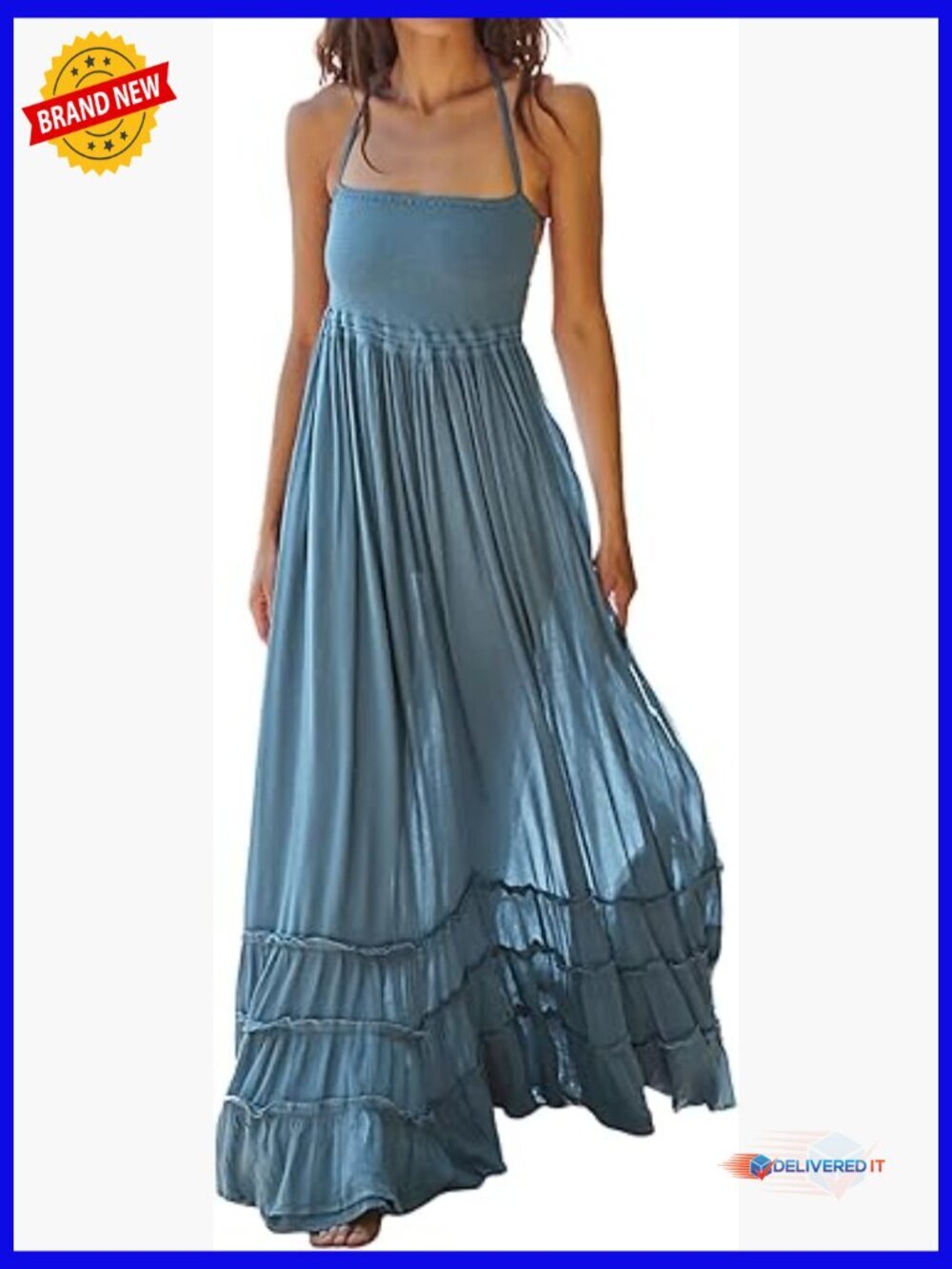 Backless Maxi Dress with Smocked Bodice Halter Tie A-Line Summer